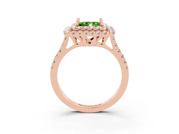 Rose gold Double Halo Princess Cut Peridot Pavé Band with Four-Prong Setting