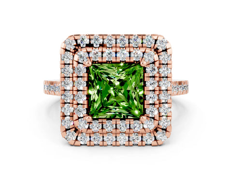 Rose gold Double Halo Princess Cut Peridot Pavé Band with Four-Prong Setting