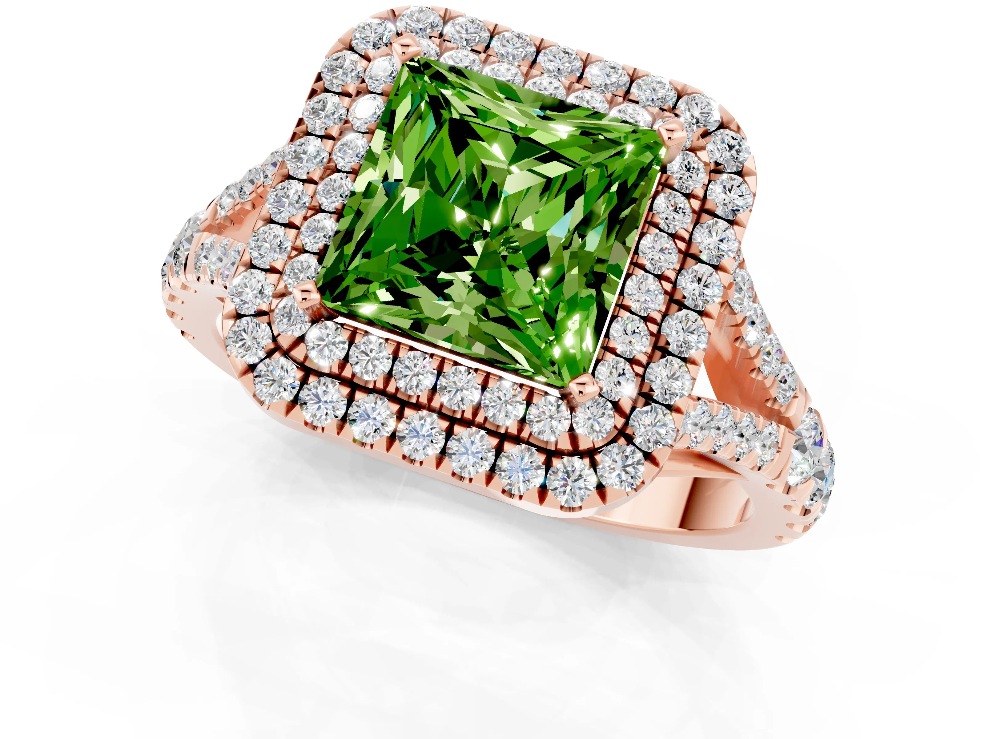 Rose gold Double Halo Princess Cut Peridot Pavé Split Shank Ring with Prong Setting_1