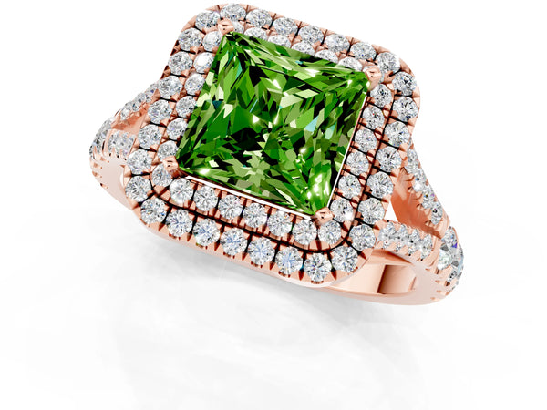 Rose gold Double Halo Princess Cut Peridot Pavé Split Shank Ring with Prong Setting