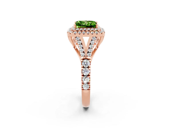 Rose gold Double Halo Princess Cut Peridot Pavé Split Shank Ring with Prong Setting