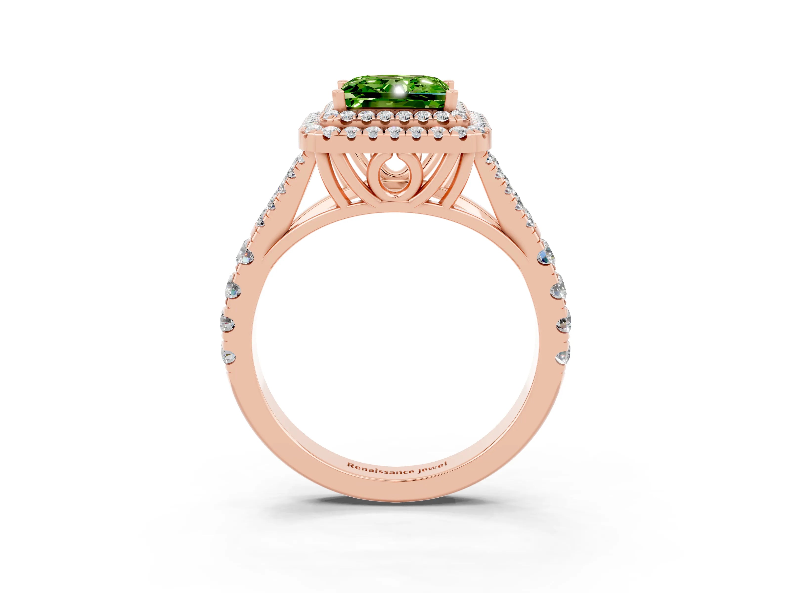 Rose gold Double Halo Princess Cut Peridot Pavé Split Shank Ring with Prong Setting_3