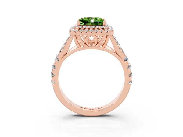 Rose gold Double Halo Princess Cut Peridot Pavé Split Shank Ring with Prong Setting