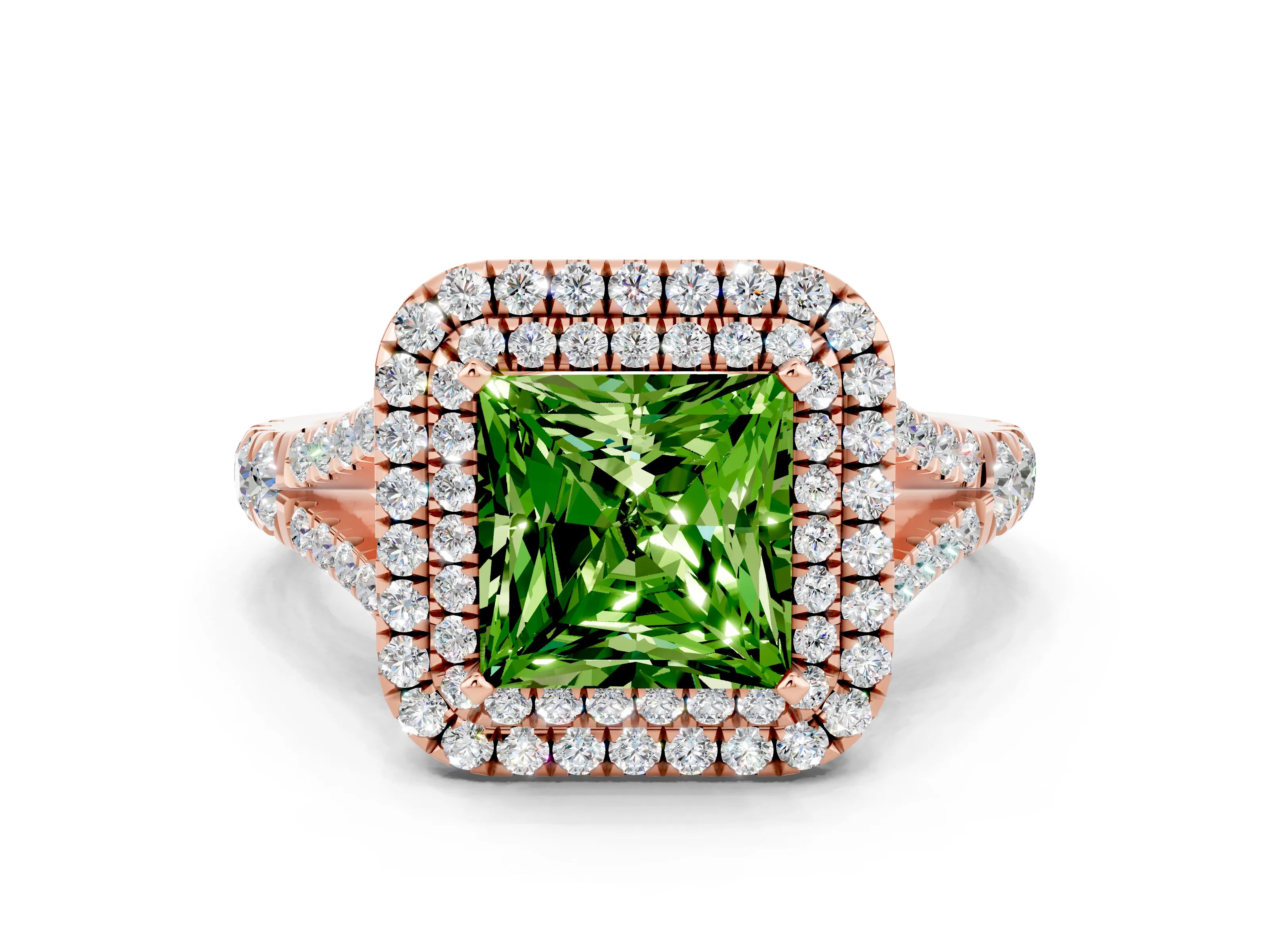 Rose gold Double Halo Princess Cut Peridot Split Shank Engagement Ring with Four-Prong Setting