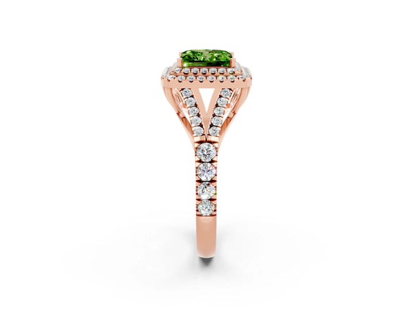 Rose gold Double Halo Princess Cut Peridot Split Shank Engagement Ring with Four-Prong Setting