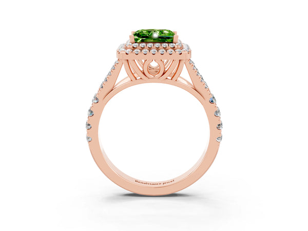 Rose gold Double Halo Princess Cut Peridot Split Shank Engagement Ring with Four-Prong Setting