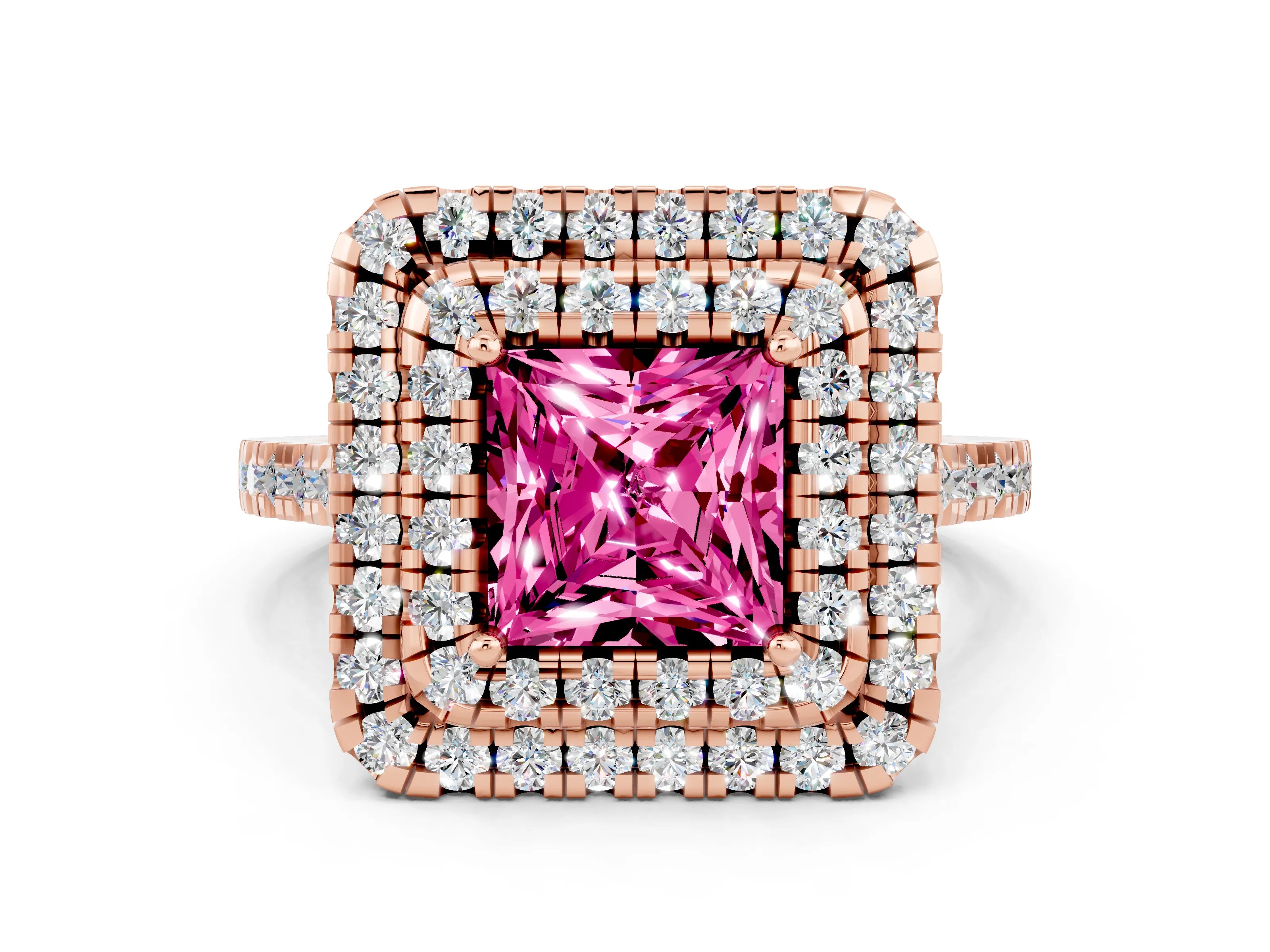 Rose gold Double Halo Princess Cut Pink Sapphire Pavé Band with Four-Prong Setting_24