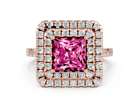 Rose gold Double Halo Princess Cut Pink Sapphire Pavé Band with Four-Prong Setting_24