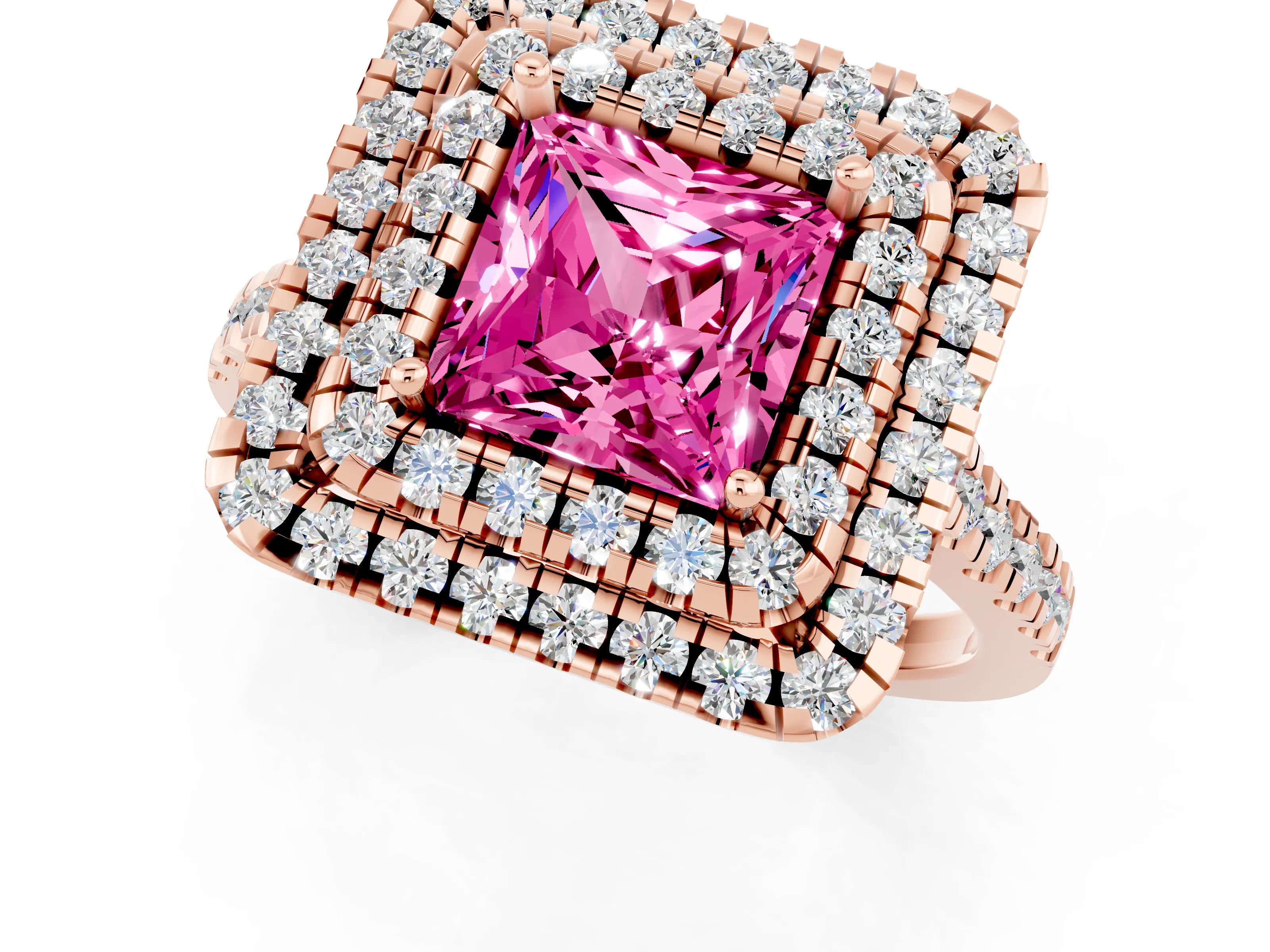 Rose gold Double Halo Princess Cut Pink Sapphire Pavé Band with Four-Prong Setting_25