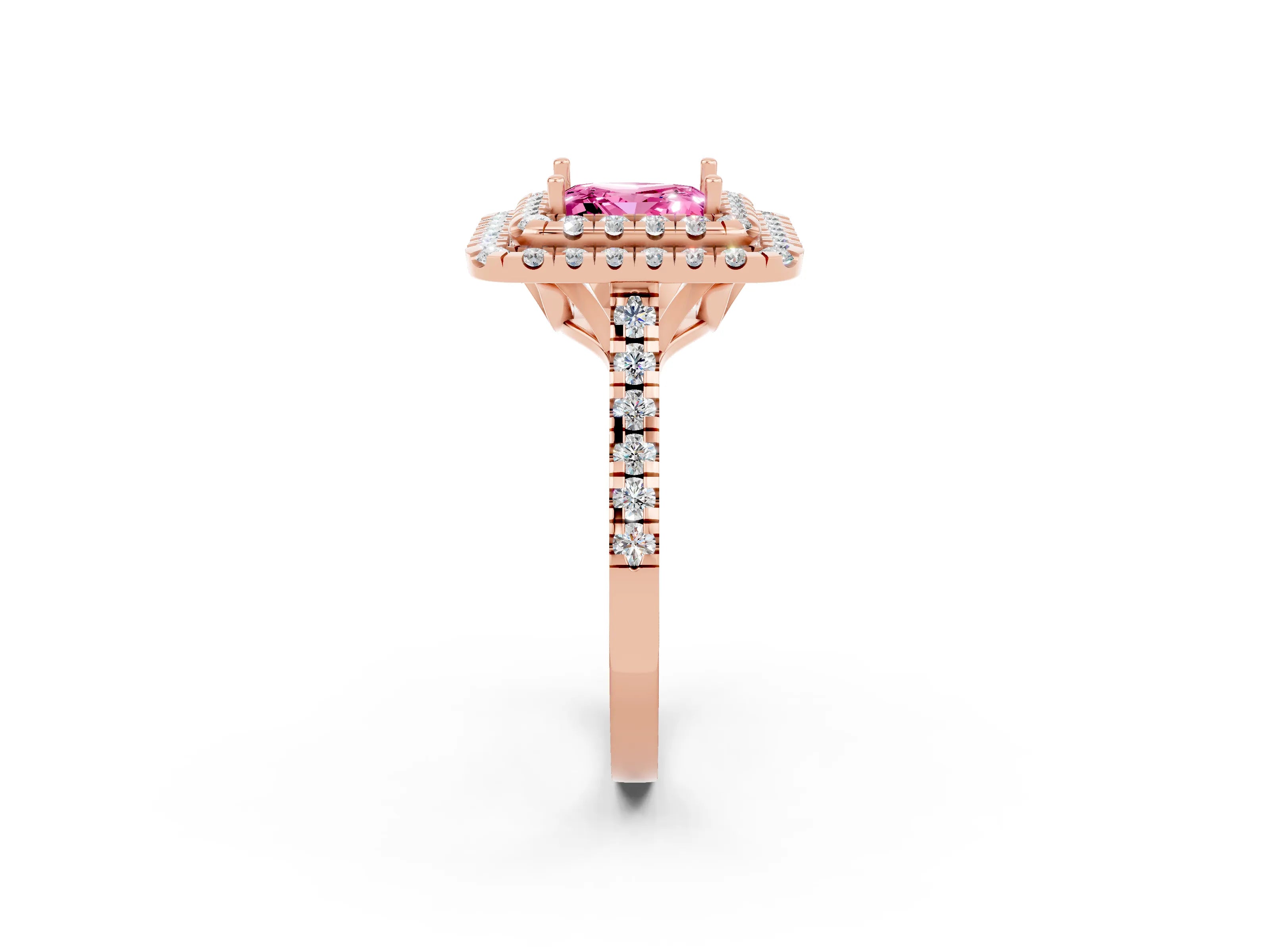 Rose gold Double Halo Princess Cut Pink Sapphire Pavé Band with Four-Prong Setting_26