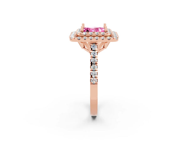 Rose gold Double Halo Princess Cut Pink Sapphire Pavé Band with Four-Prong Setting