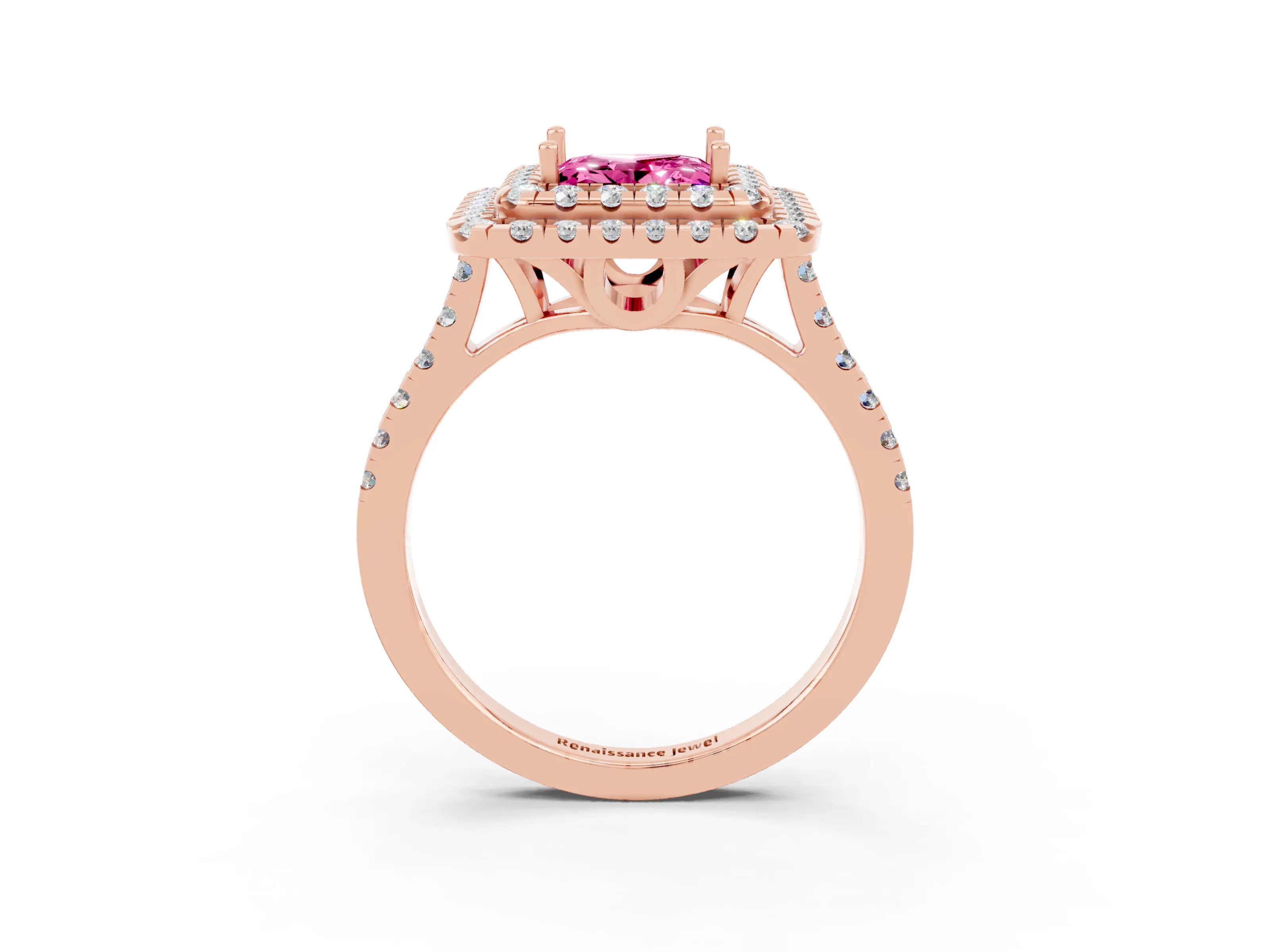 Rose gold Double Halo Princess Cut Pink Sapphire Pavé Band with Four-Prong Setting_27