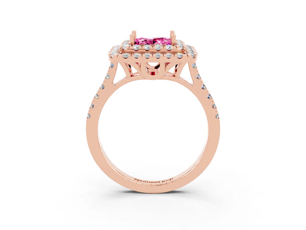 Rose gold Double Halo Princess Cut Pink Sapphire Pavé Band with Four-Prong Setting
