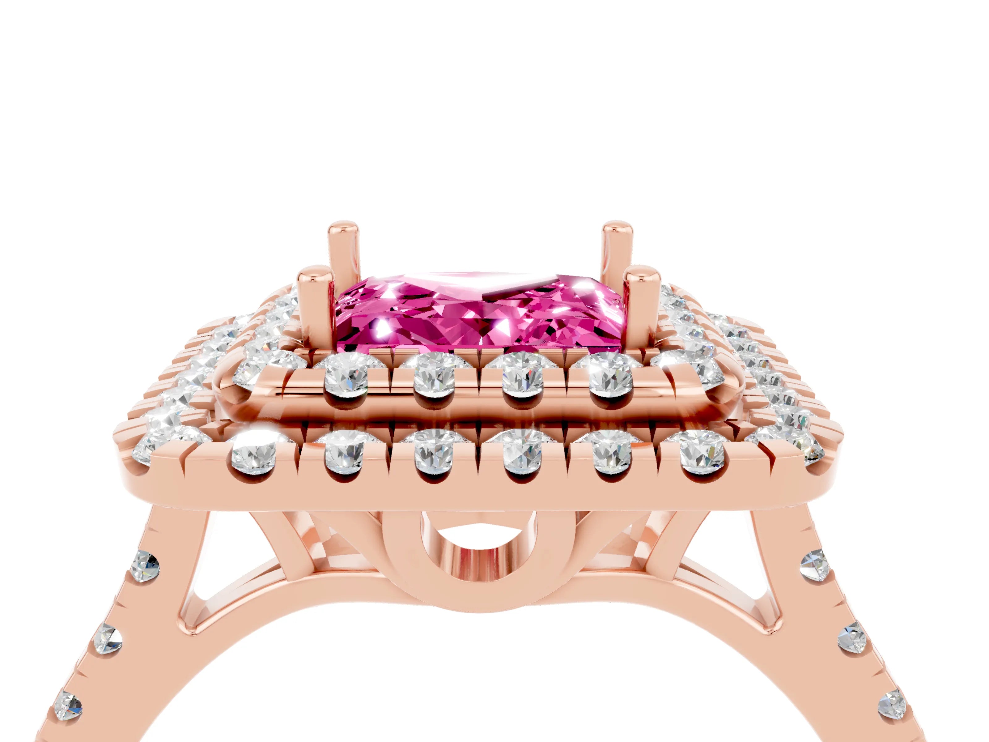 Rose gold Double Halo Princess Cut Pink Sapphire Pavé Band with Four-Prong Setting_28