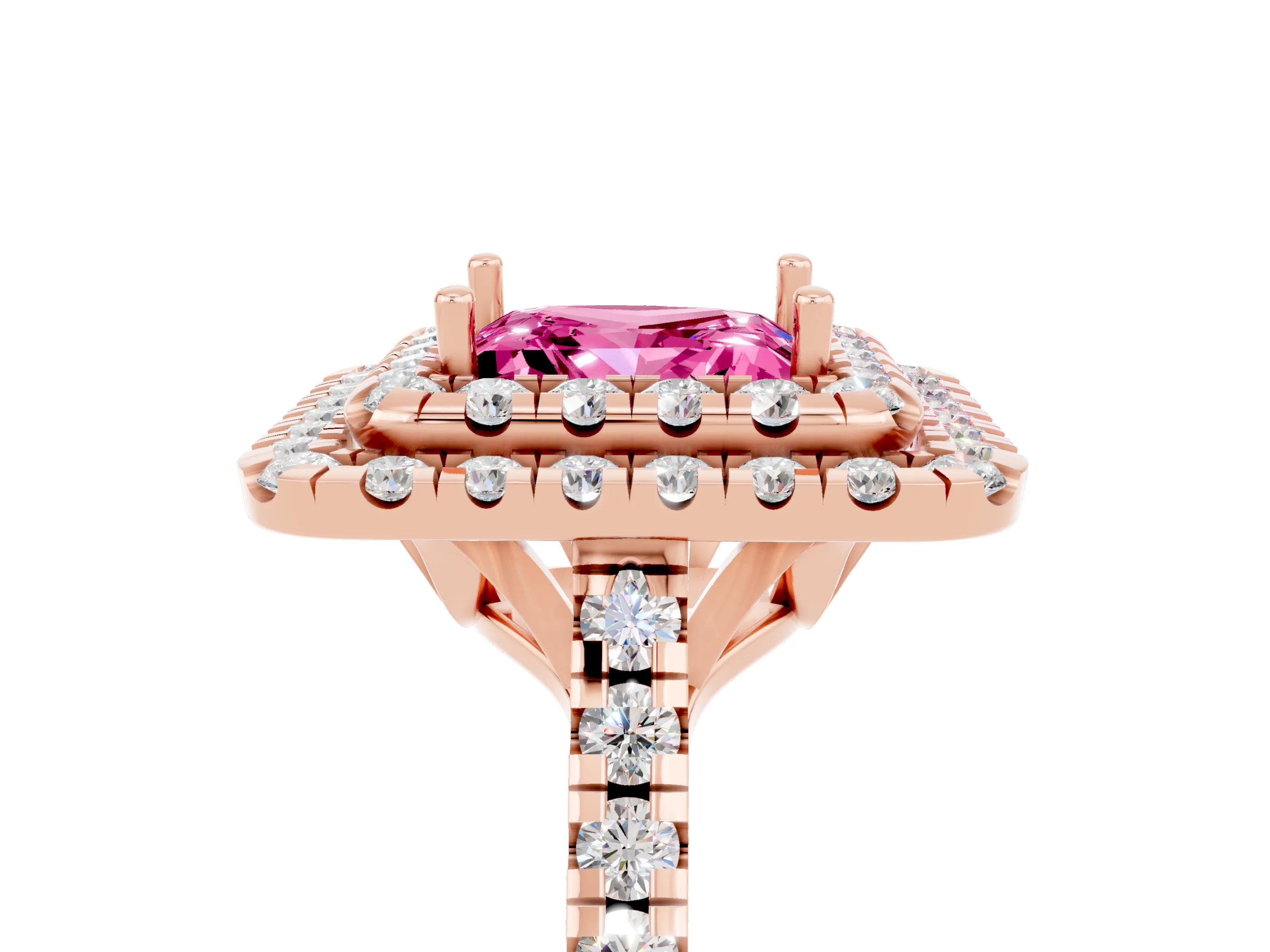 Rose gold Double Halo Princess Cut Pink Sapphire Pavé Band with Four-Prong Setting_29