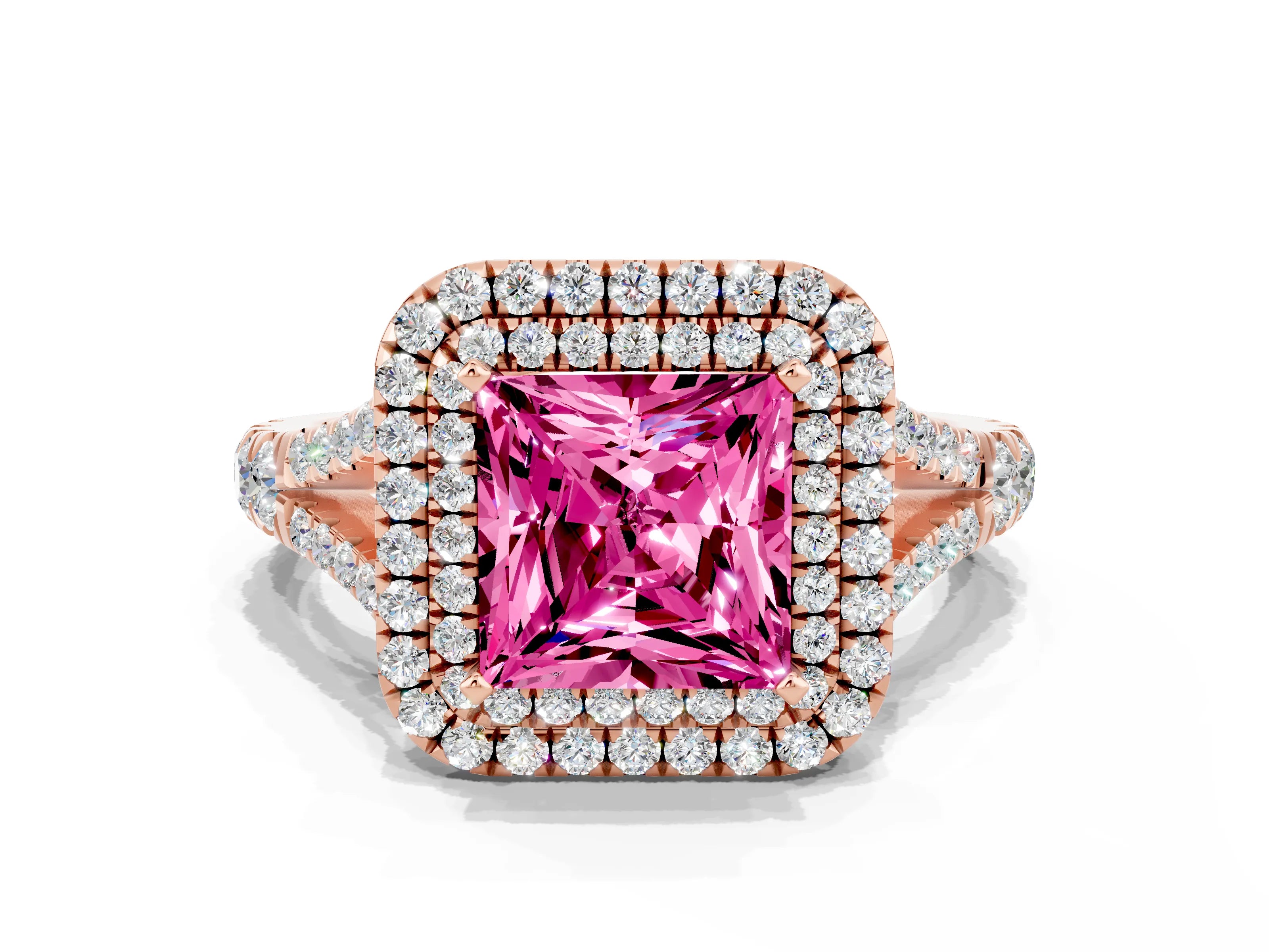 Rose gold Double Halo Princess Cut Pink Sapphire Pavé Split Shank Ring with Prong Setting