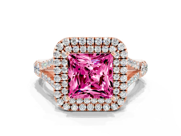 Rose gold Double Halo Princess Cut Pink Sapphire Pavé Split Shank Ring with Prong Setting