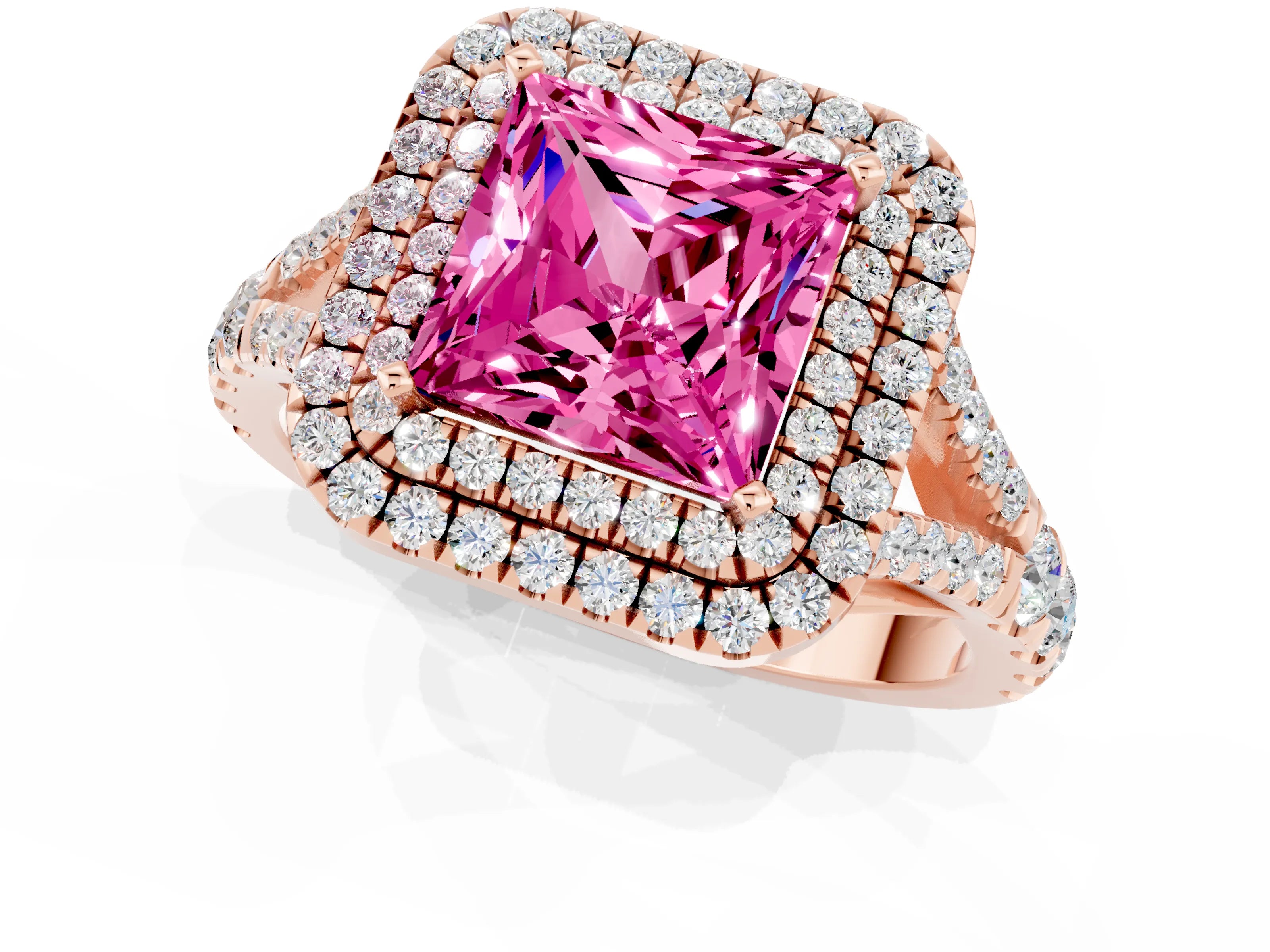 Rose gold Double Halo Princess Cut Pink Sapphire Pavé Split Shank Ring with Prong Setting_1