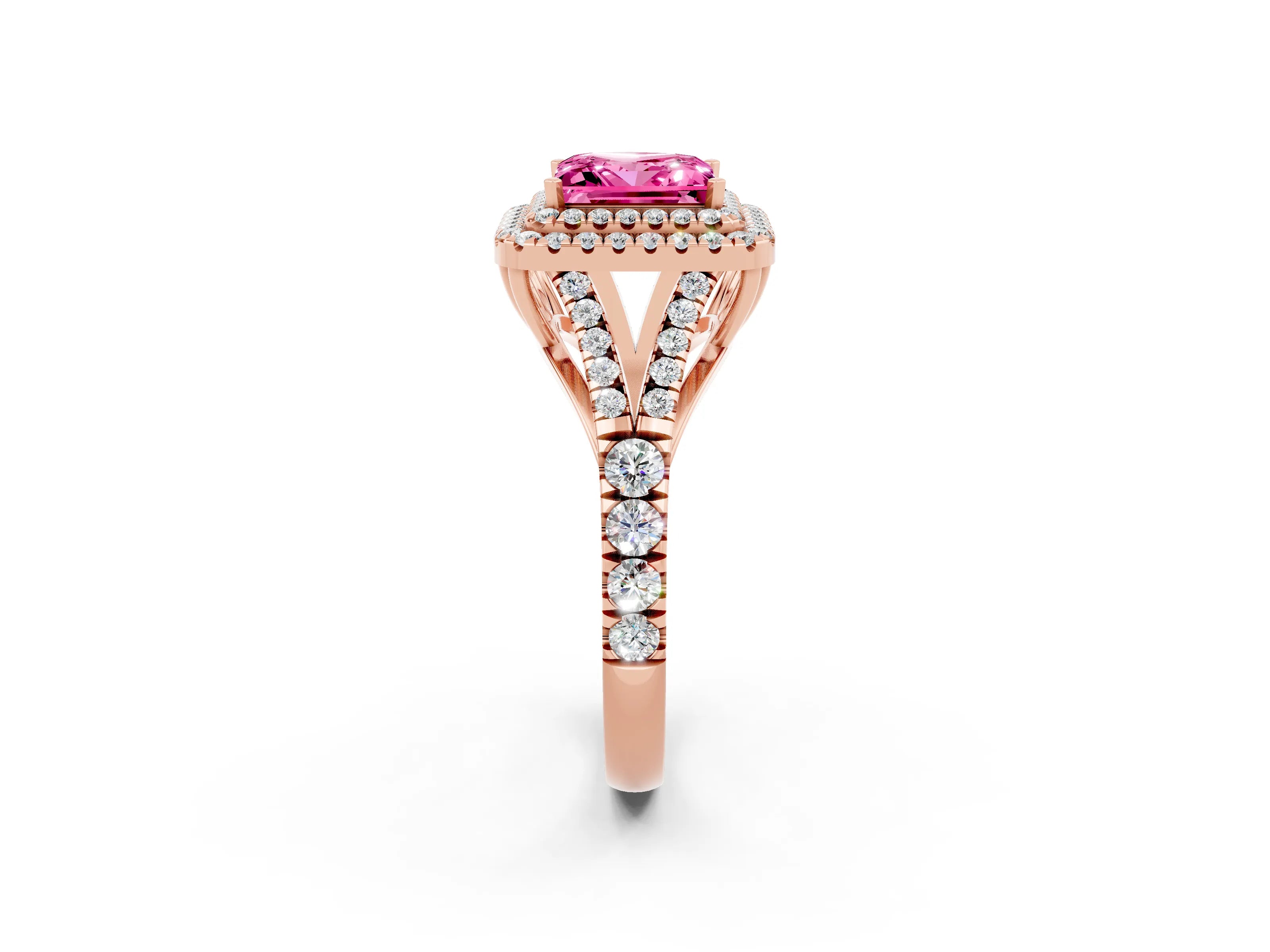 Rose gold Double Halo Princess Cut Pink Sapphire Pavé Split Shank Ring with Prong Setting_2