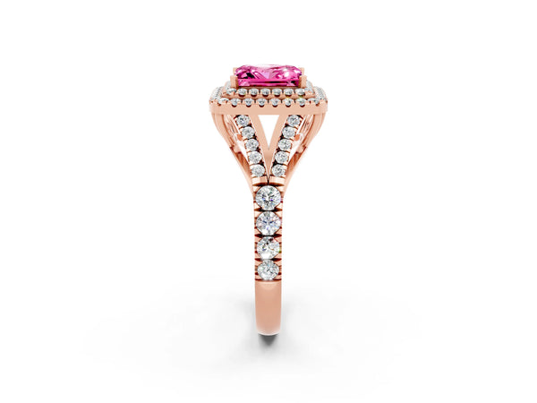 Rose gold Double Halo Princess Cut Pink Sapphire Pavé Split Shank Ring with Prong Setting