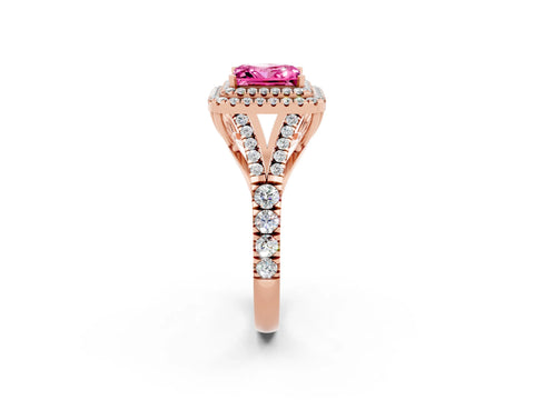 Rose gold Double Halo Princess Cut Pink Sapphire Pavé Split Shank Ring with Prong Setting_2
