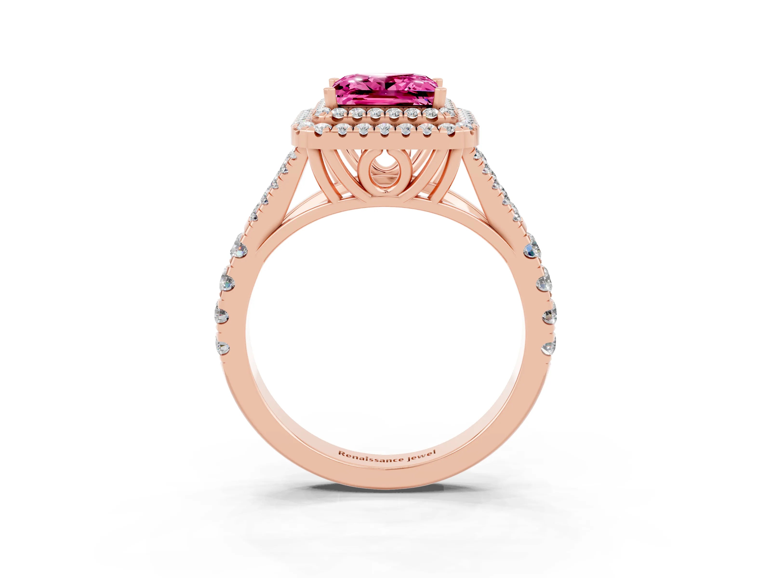 Rose gold Double Halo Princess Cut Pink Sapphire Pavé Split Shank Ring with Prong Setting_3