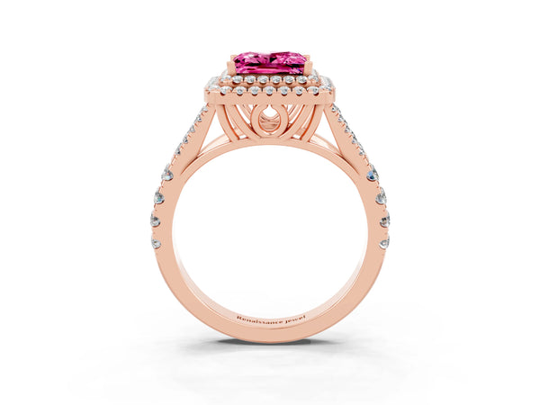 Rose gold Double Halo Princess Cut Pink Sapphire Pavé Split Shank Ring with Prong Setting