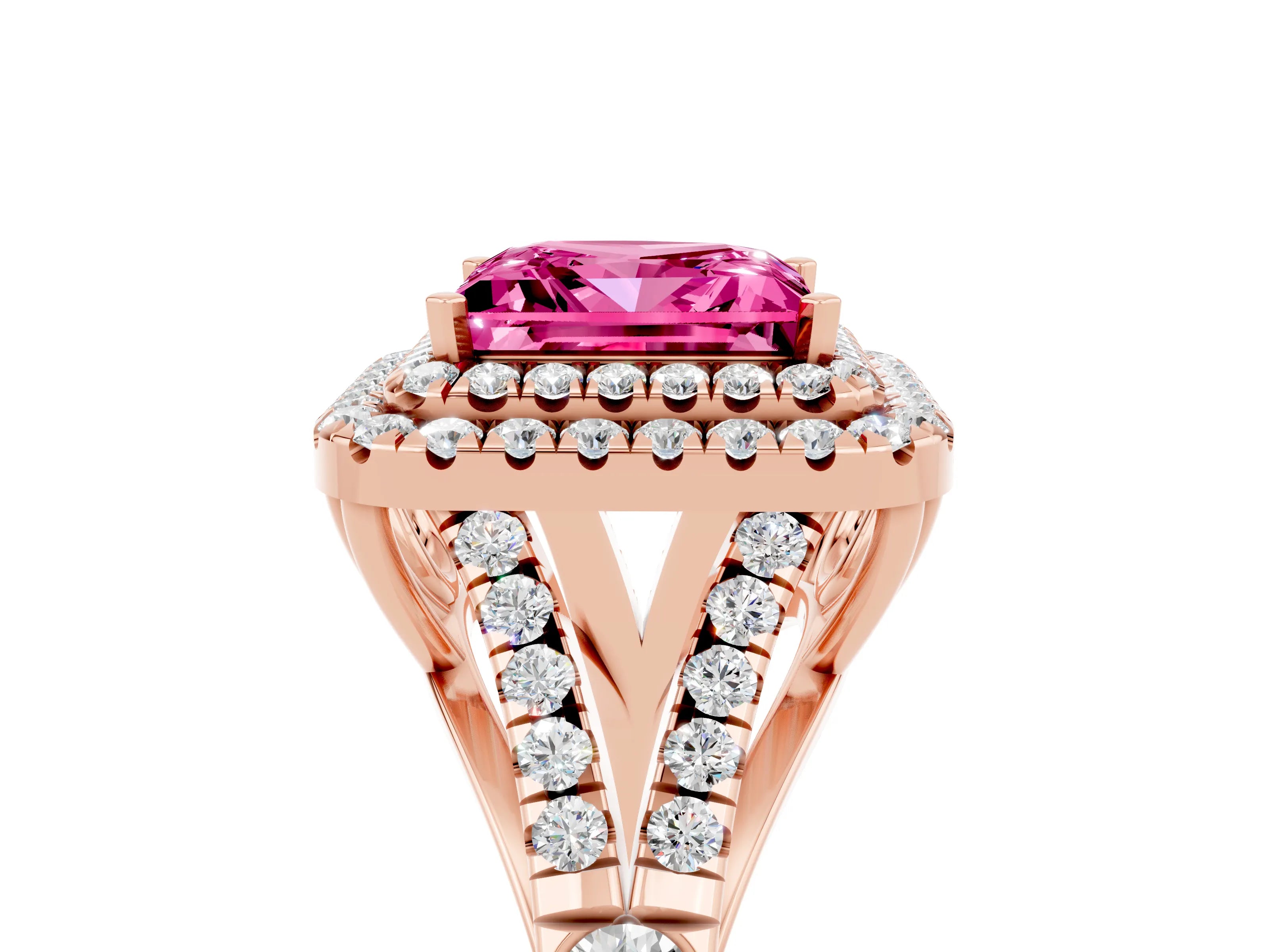 Rose gold Double Halo Princess Cut Pink Sapphire Pavé Split Shank Ring with Prong Setting_5