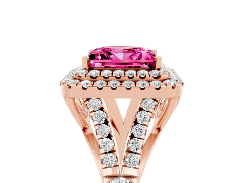 Rose gold Double Halo Princess Cut Pink Sapphire Pavé Split Shank Ring with Prong Setting_5
