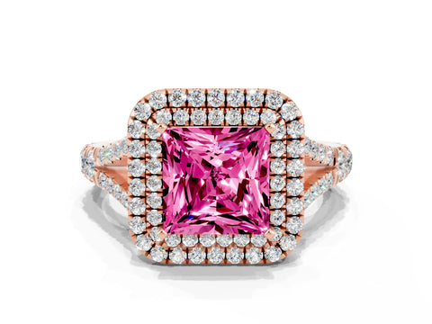 Rose gold Double Halo Princess Cut Pink Sapphire Pavé Split Shank Ring with Prong Setting