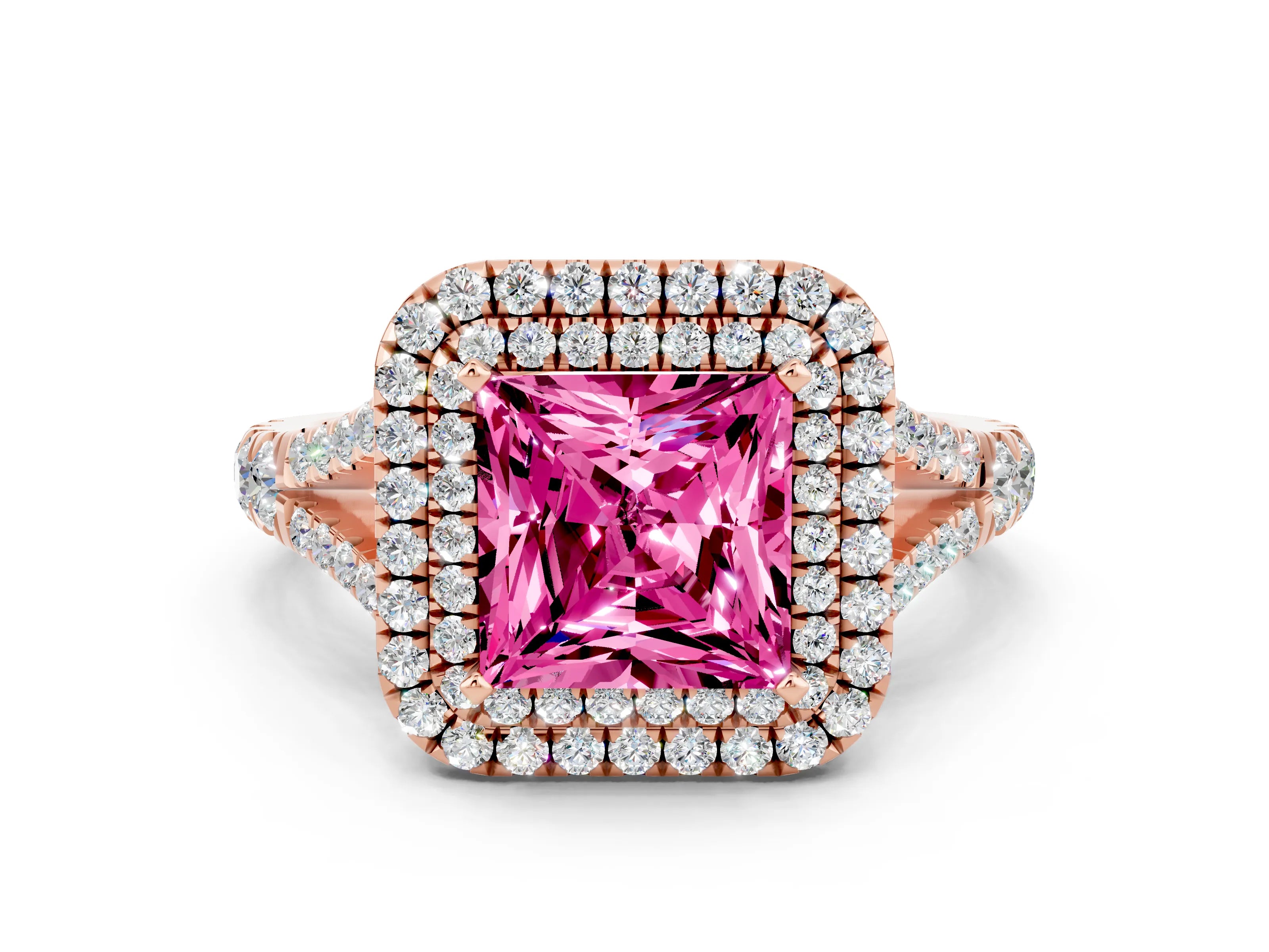 Rose gold Double Halo Princess Cut Pink Sapphire Split Shank Engagement Ring with Four-Prong Setting