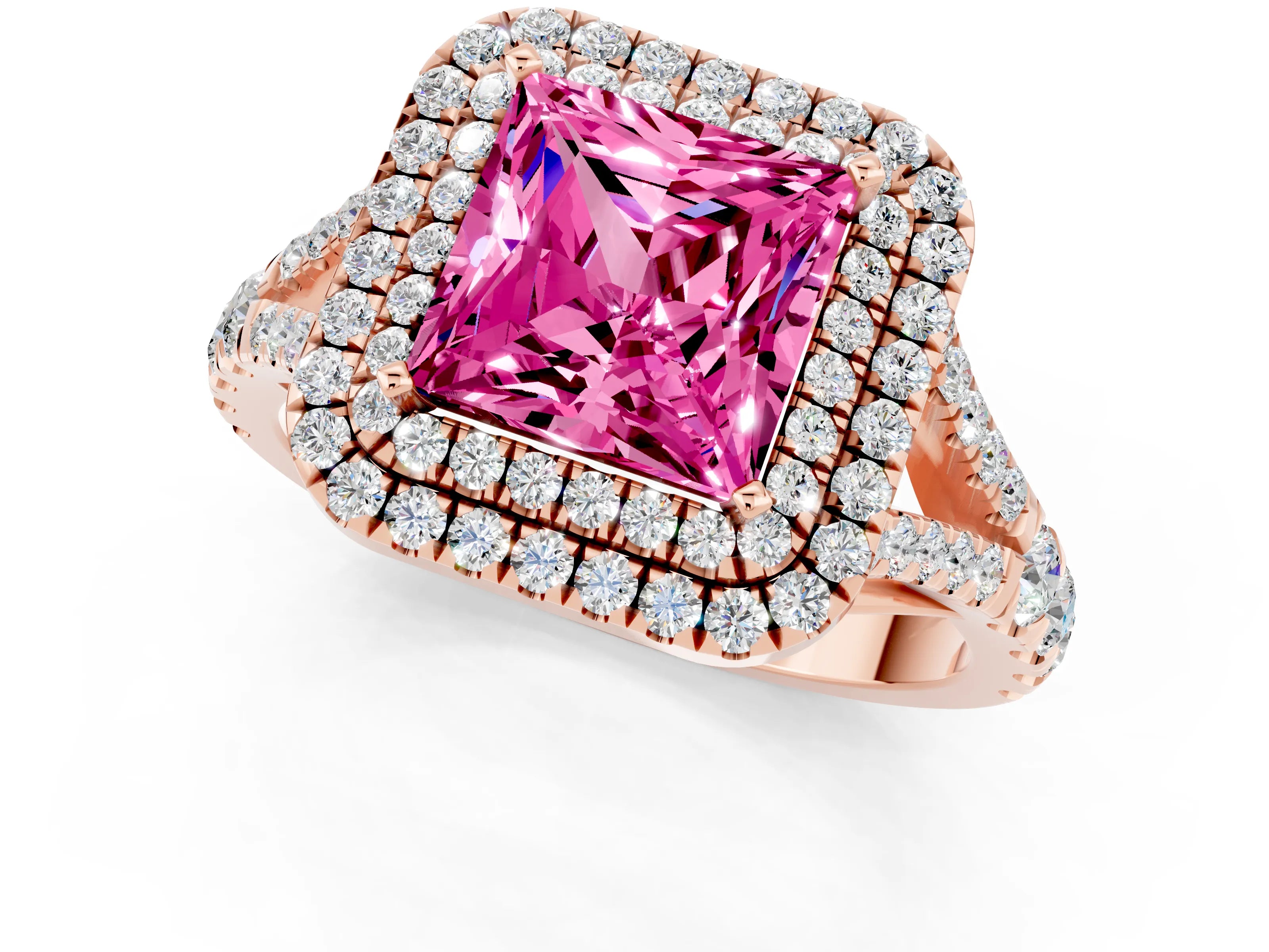 Rose gold Double Halo Princess Cut Pink Sapphire Split Shank Engagement Ring with Four-Prong Setting_1