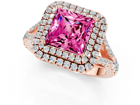 Rose gold Double Halo Princess Cut Pink Sapphire Split Shank Engagement Ring with Four-Prong Setting_1