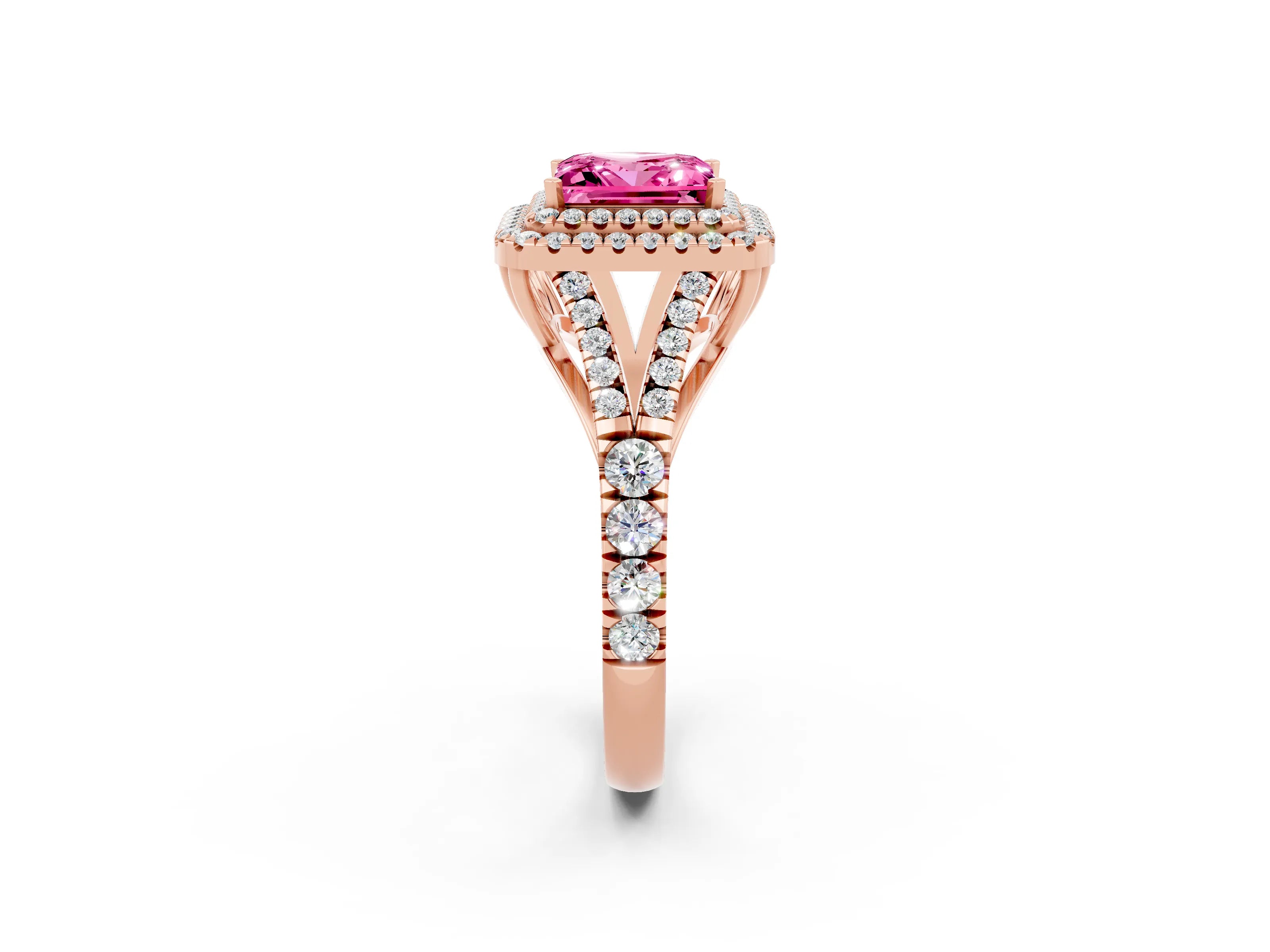 Rose gold Double Halo Princess Cut Pink Sapphire Split Shank Engagement Ring with Four-Prong Setting_2