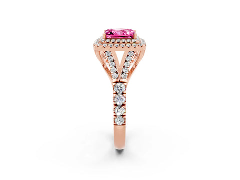 Rose gold Double Halo Princess Cut Pink Sapphire Split Shank Engagement Ring with Four-Prong Setting_2