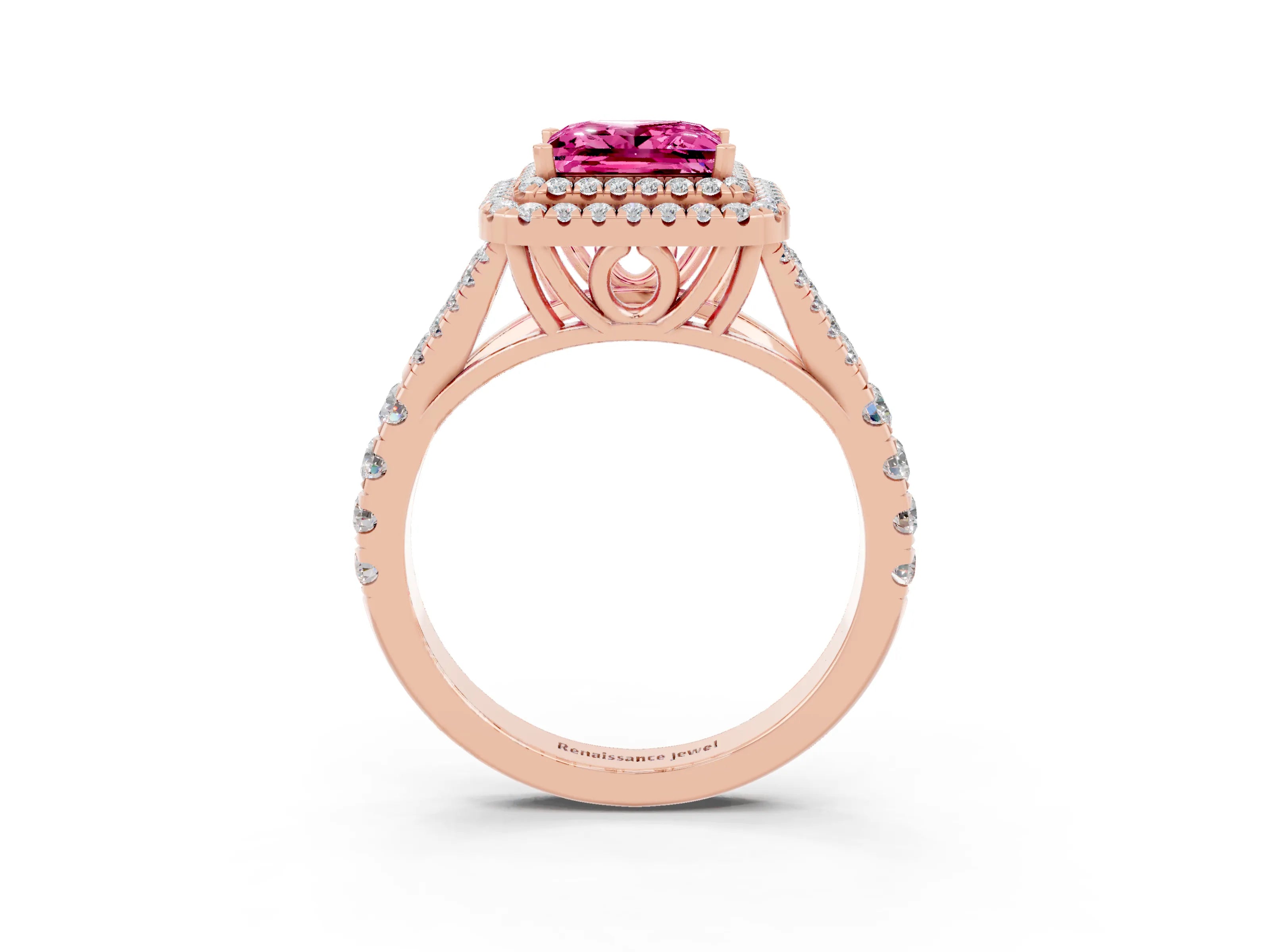 Rose gold Double Halo Princess Cut Pink Sapphire Split Shank Engagement Ring with Four-Prong Setting_3