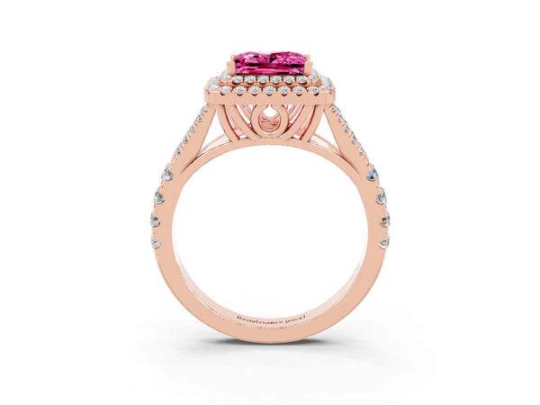 Rose gold Double Halo Princess Cut Pink Sapphire Split Shank Engagement Ring with Four-Prong Setting