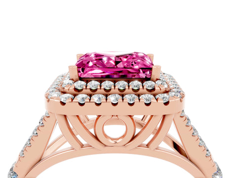 Rose gold Double Halo Princess Cut Pink Sapphire Split Shank Engagement Ring with Four-Prong Setting_4