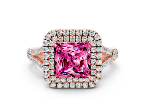 Rose gold Double Halo Princess Cut Pink Sapphire Split Shank Engagement Ring with Four-Prong Setting