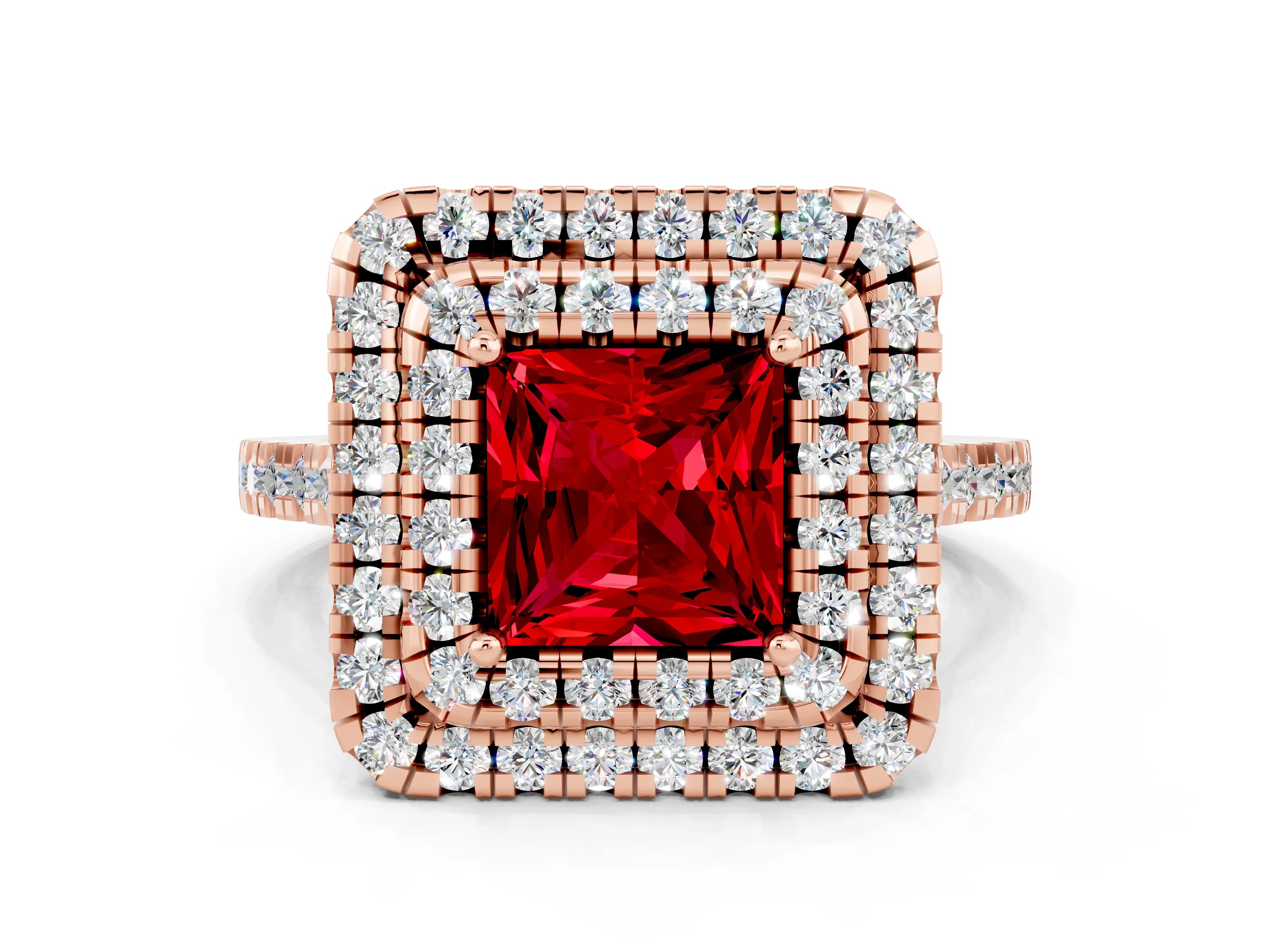 Rose gold Double Halo Princess Cut Ruby Pavé Band with Four-Prong Setting