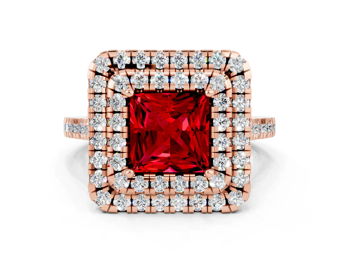 Rose gold Double Halo Princess Cut Ruby Pavé Band with Four-Prong Setting