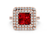 Rose gold Double Halo Princess Cut Ruby Pavé Band with Four-Prong Setting