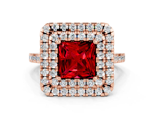 Rose gold Double Halo Princess Cut Ruby Pavé Band with Four-Prong Setting