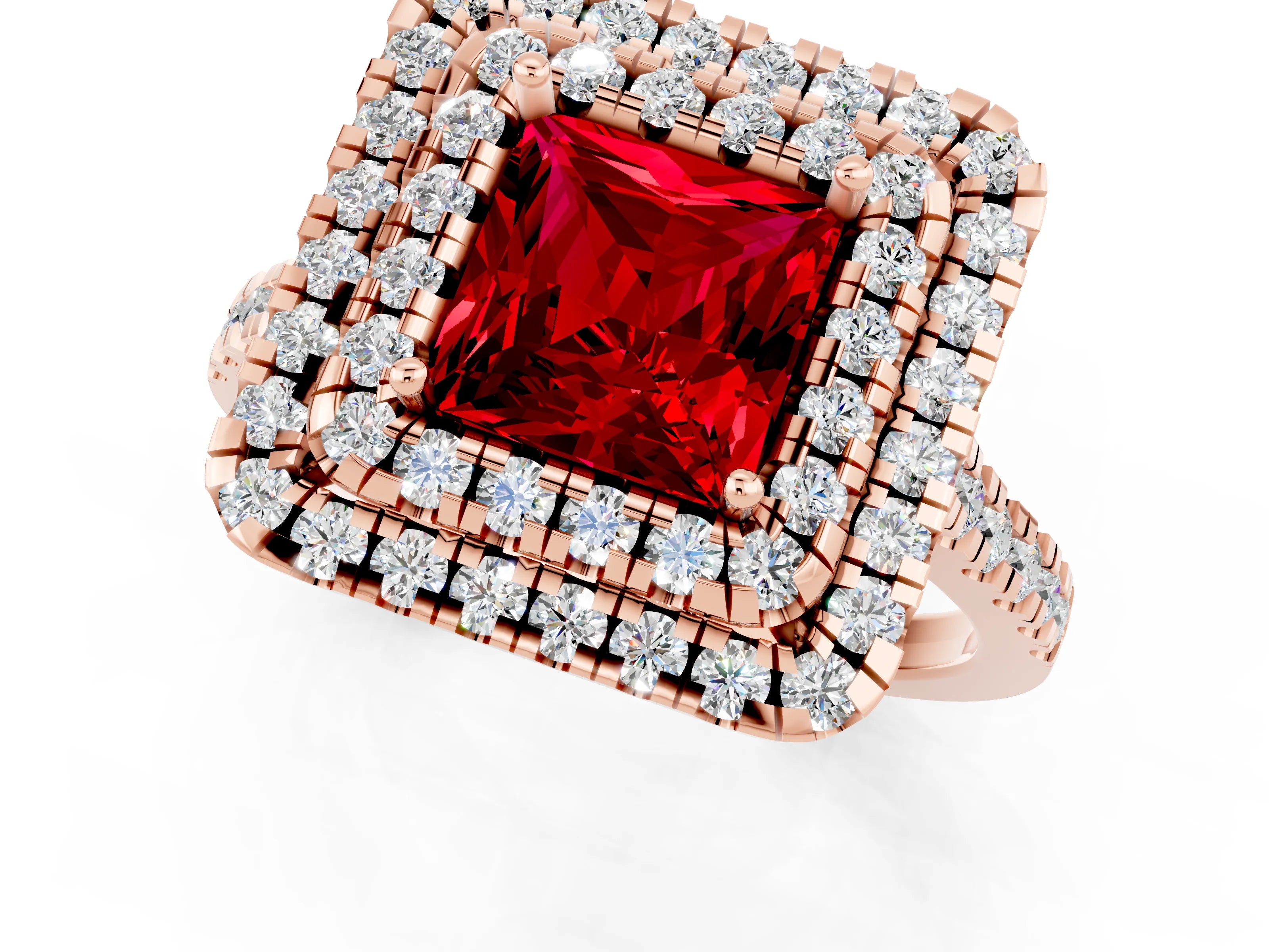 Rose gold Double Halo Princess Cut Ruby Pavé Band with Four-Prong Setting_1