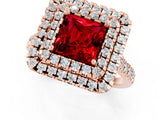 Rose gold Double Halo Princess Cut Ruby Pavé Band with Four-Prong Setting_1