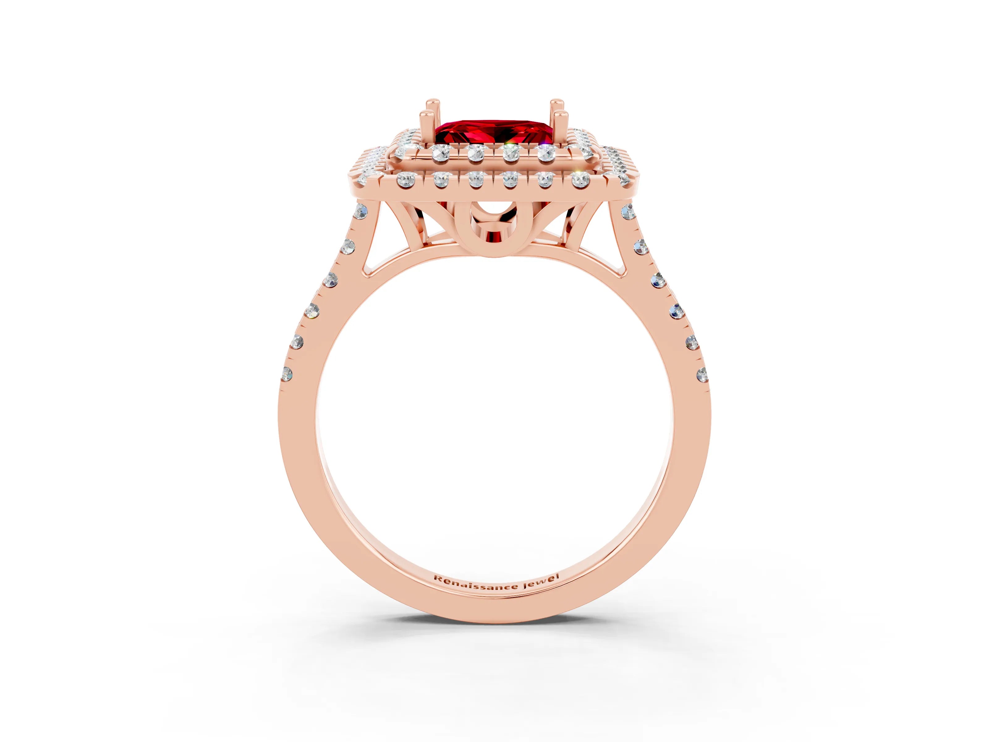Rose gold Double Halo Princess Cut Ruby Pavé Band with Four-Prong Setting_3