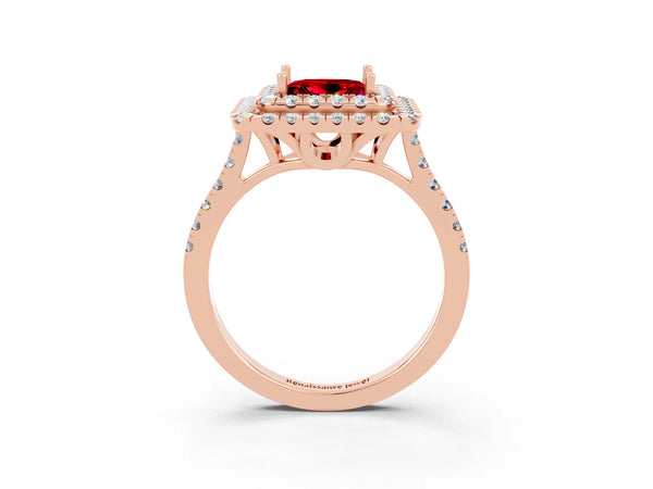 Rose gold Double Halo Princess Cut Ruby Pavé Band with Four-Prong Setting