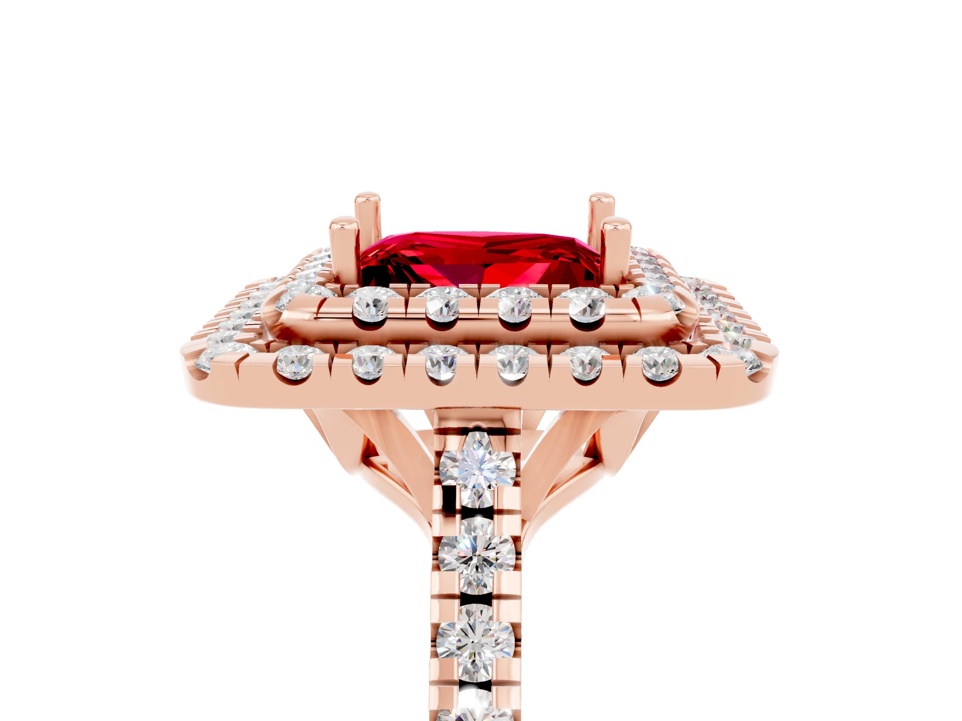 Rose gold Double Halo Princess Cut Ruby Pavé Band with Four-Prong Setting_5