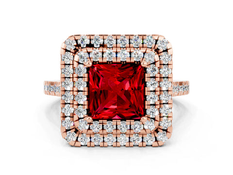 Rose gold Double Halo Princess Cut Ruby Pavé Band with Four-Prong Setting