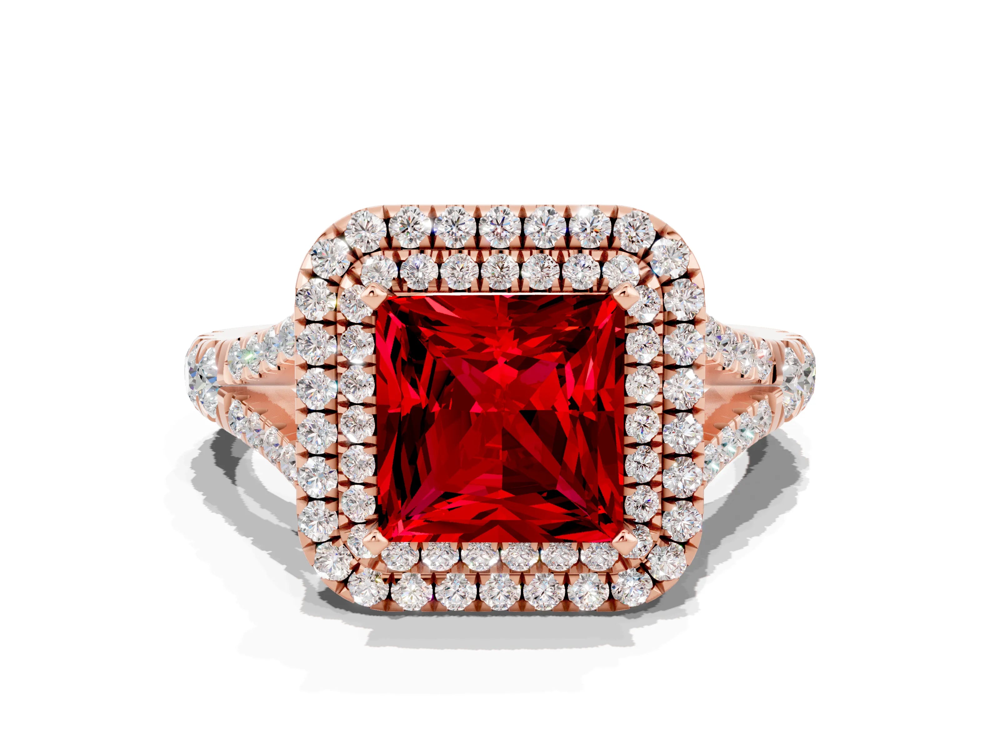 Rose gold Double Halo Princess Cut Ruby Pavé Split Shank Ring with Prong Setting